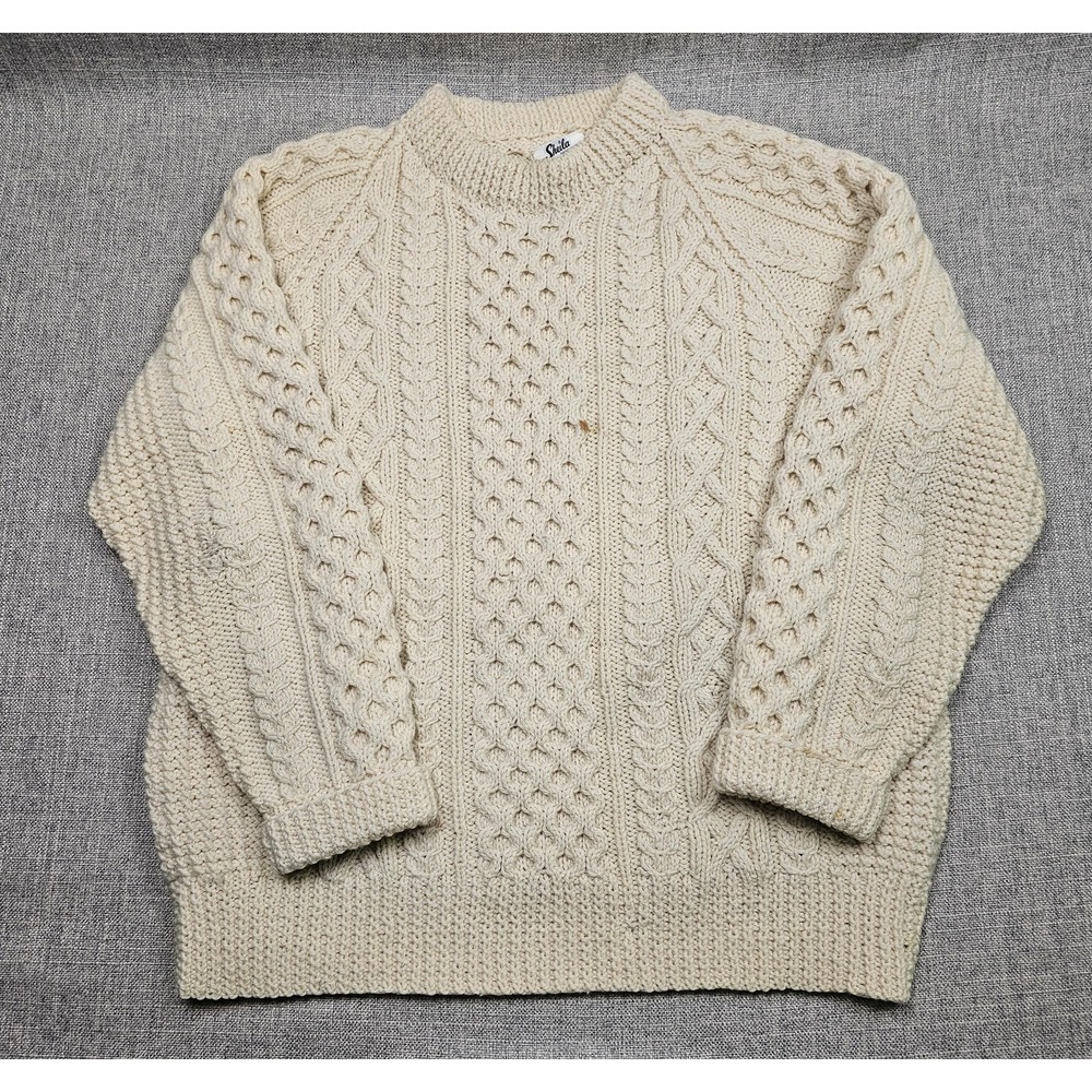 Sheila Sweater Mens Large White Wool Aran Cable Knit Fisherman Pullover Ireland